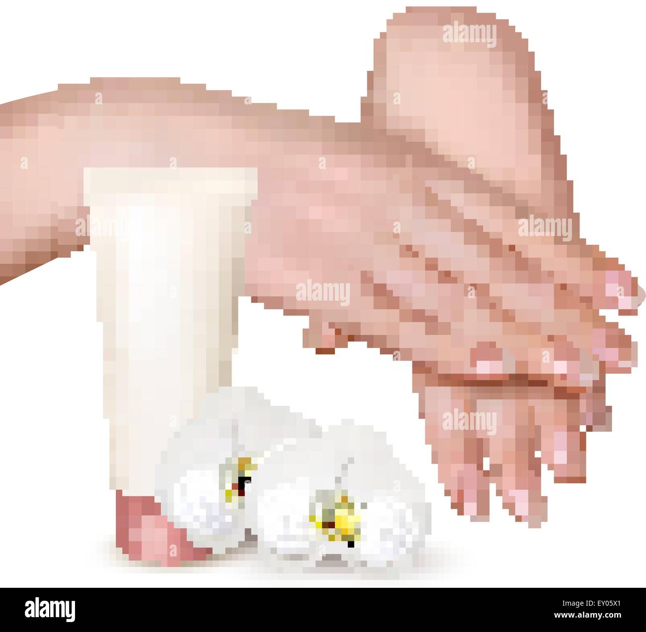Beautiful young female hands with a cream and orchids. Vector. Stock Vector