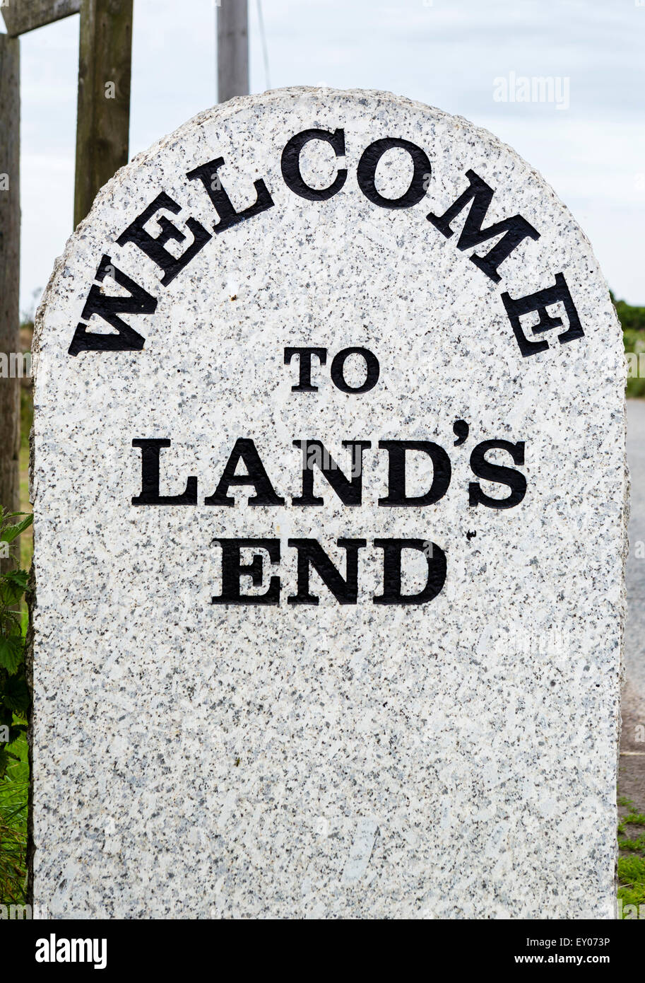 Welcome marker at Land's End, Cornwall, England, UK Stock Photo