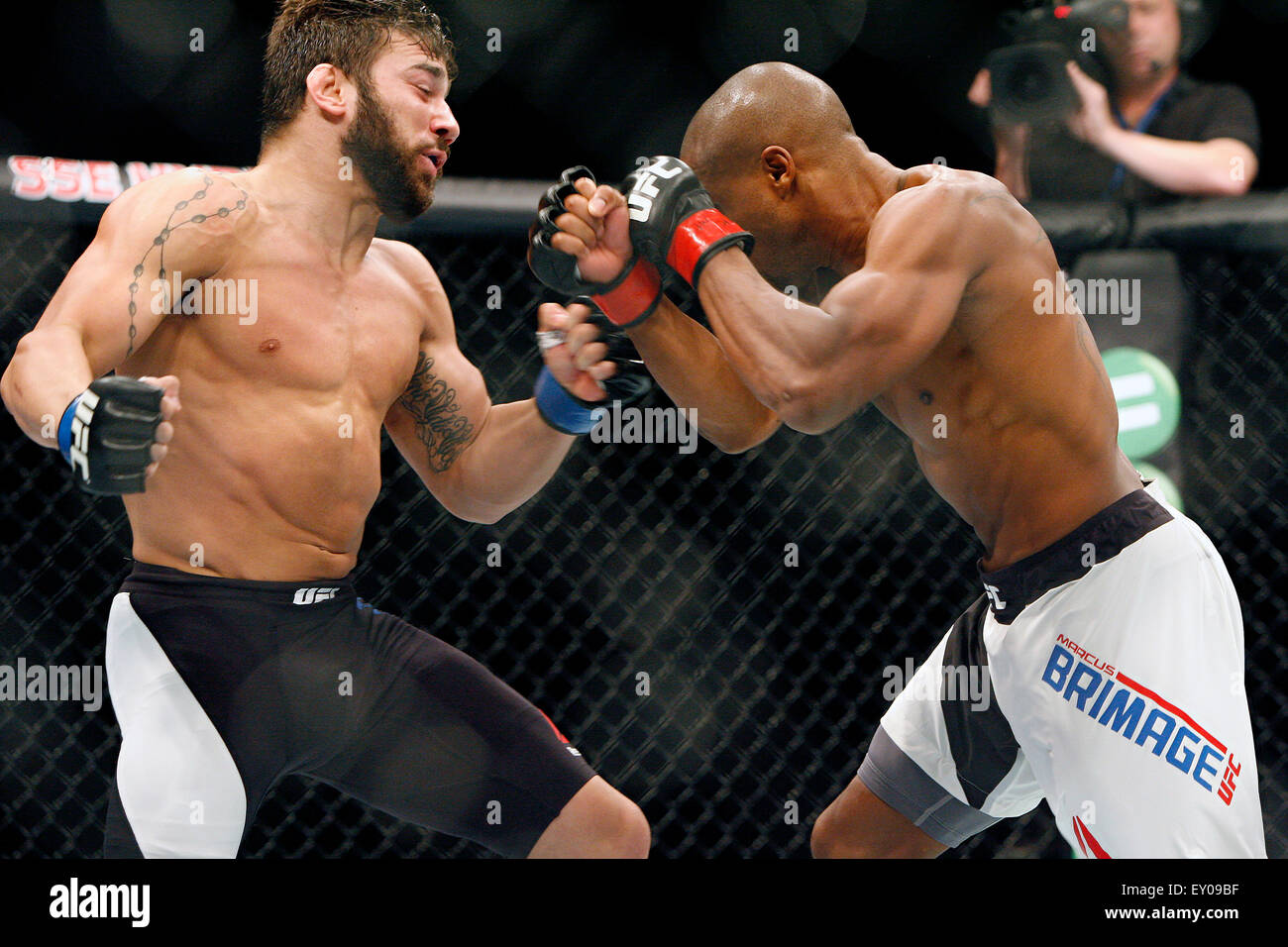 Glasgow, Scotland, UK. 18th July, 2015. Jimmie Rivera beats Marcus Brimage in the first round by TKO during UFC Fight Night 72: Bisping vs Leites at The SSE Hydro on Saturday the 18 of July 2015 Credit:  Dan Cooke/Alamy Live News Stock Photo