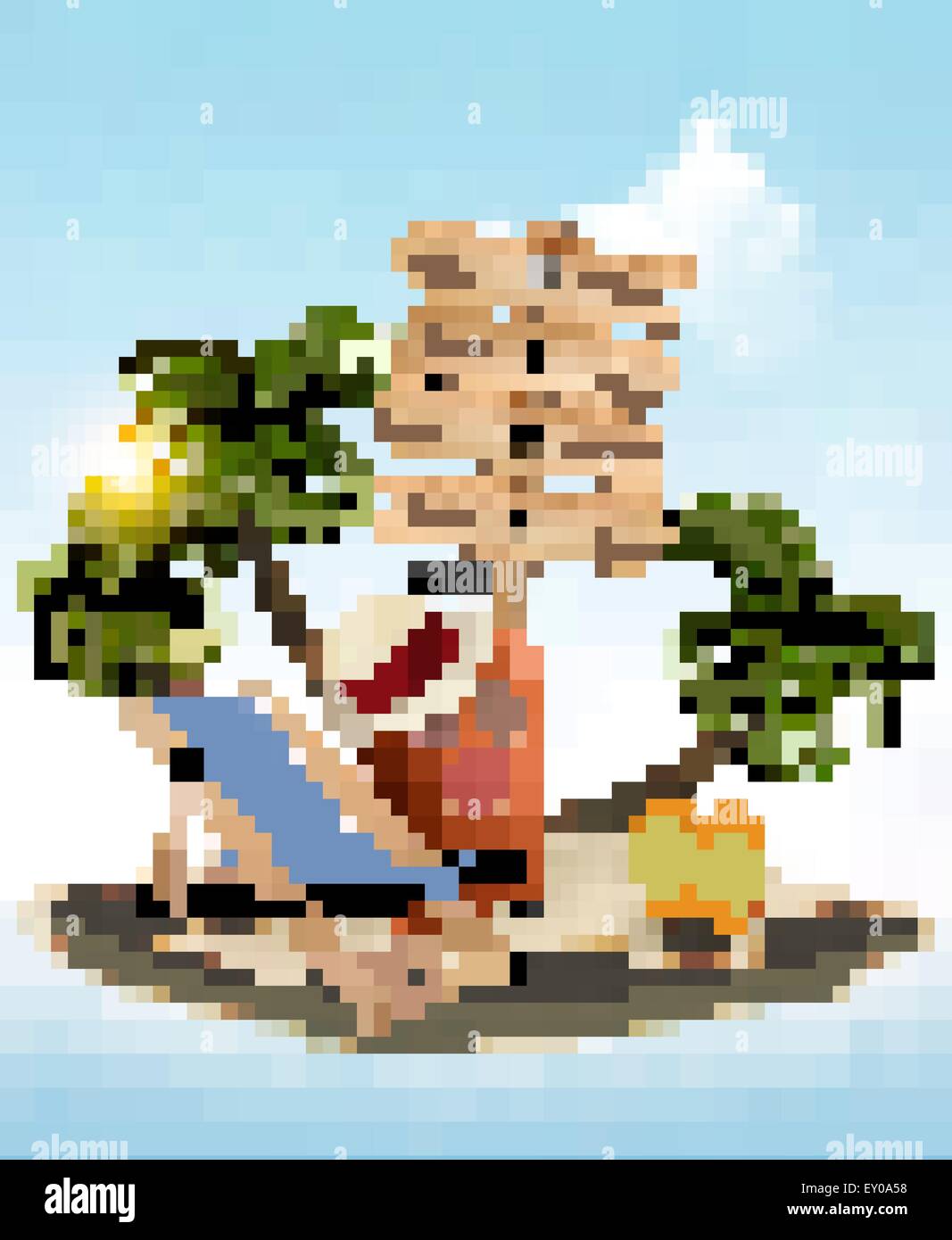 Beach with a palm tree, wooden sign and a beach chair. Summer vacation