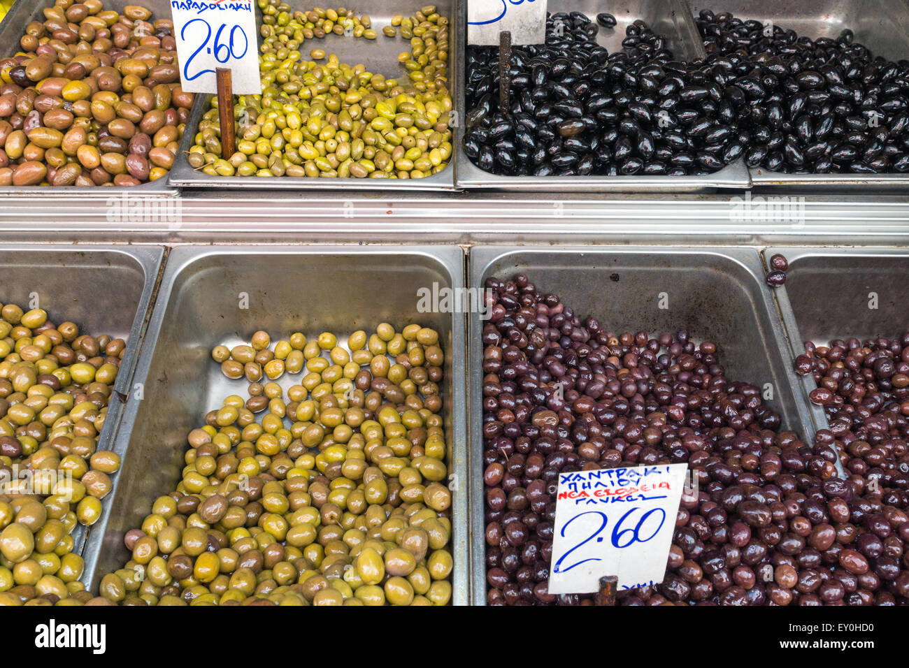 Different kinds of olives for sale at a market Stock Photo Alamy