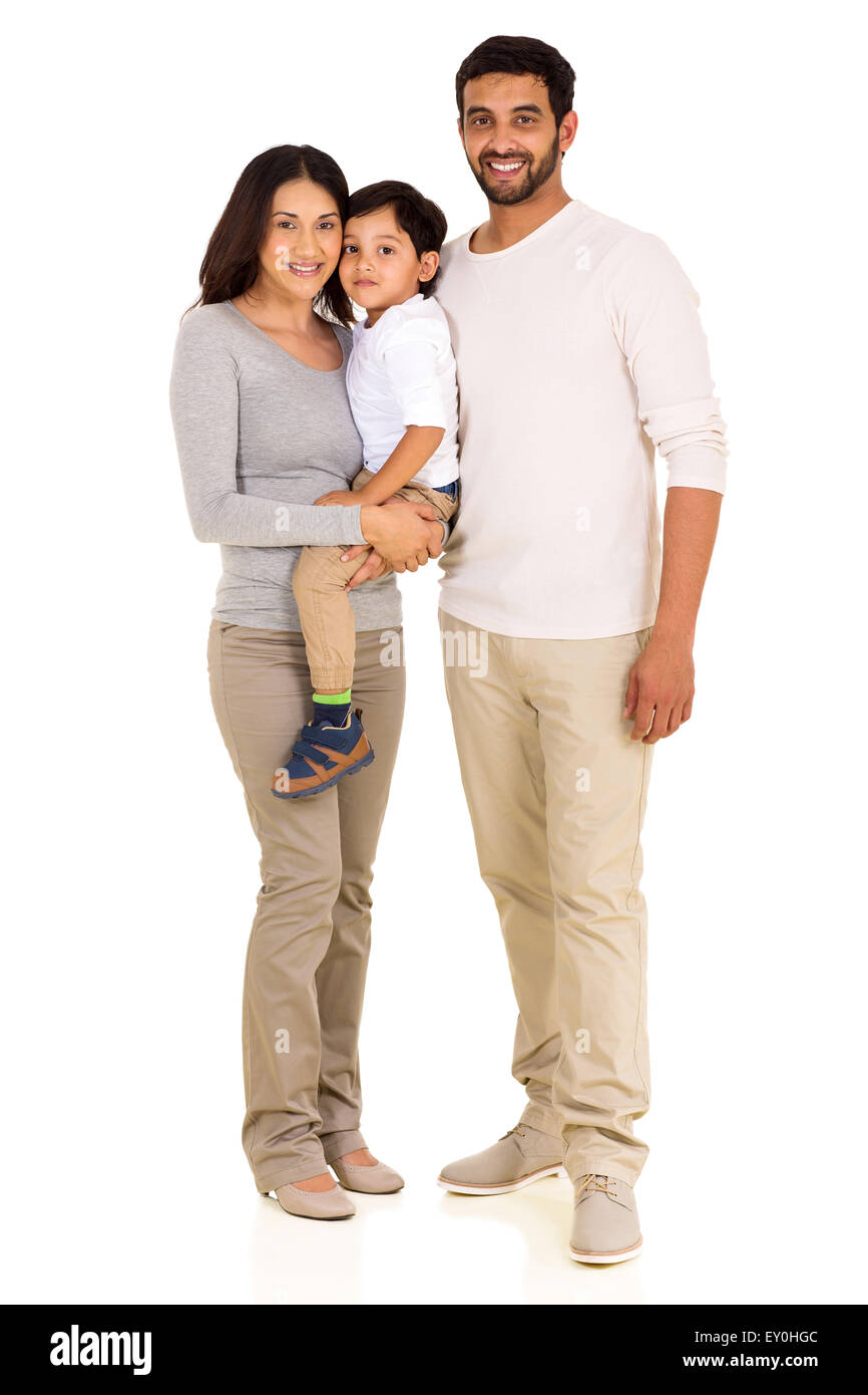 full length portrait of happy young Indian family isolated on white ...