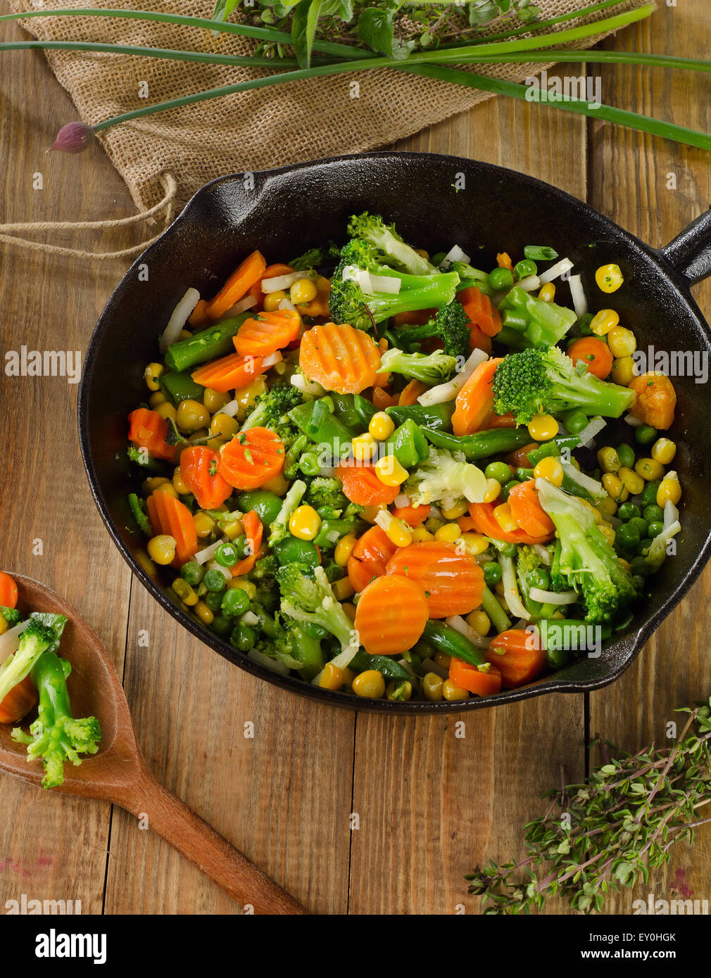 Stir fried vegetables in iron skillet . Top view Stock Photo Alamy