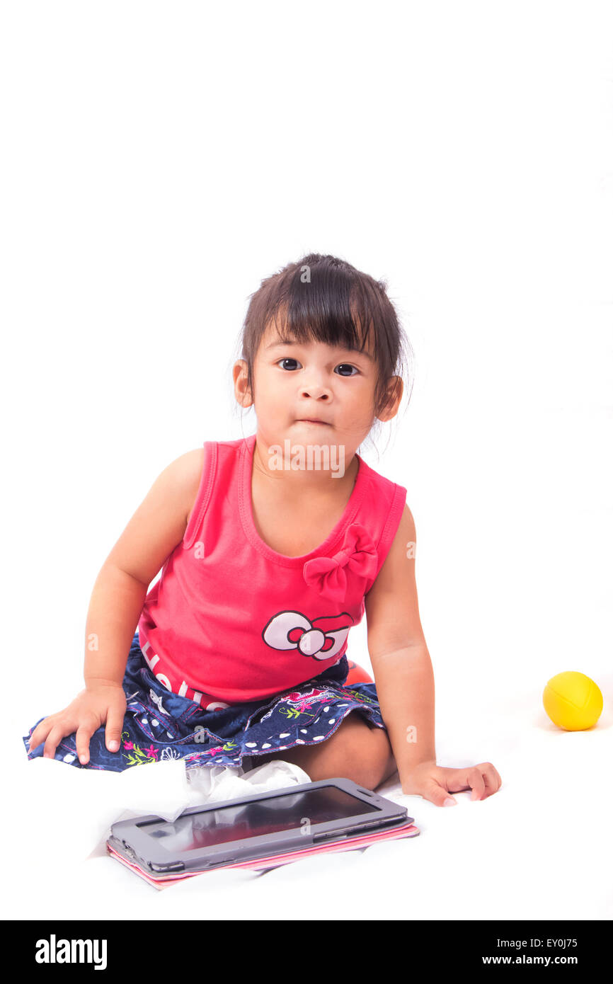 Asian girl using a tablet pc, isolated on white background Stock Photo ...