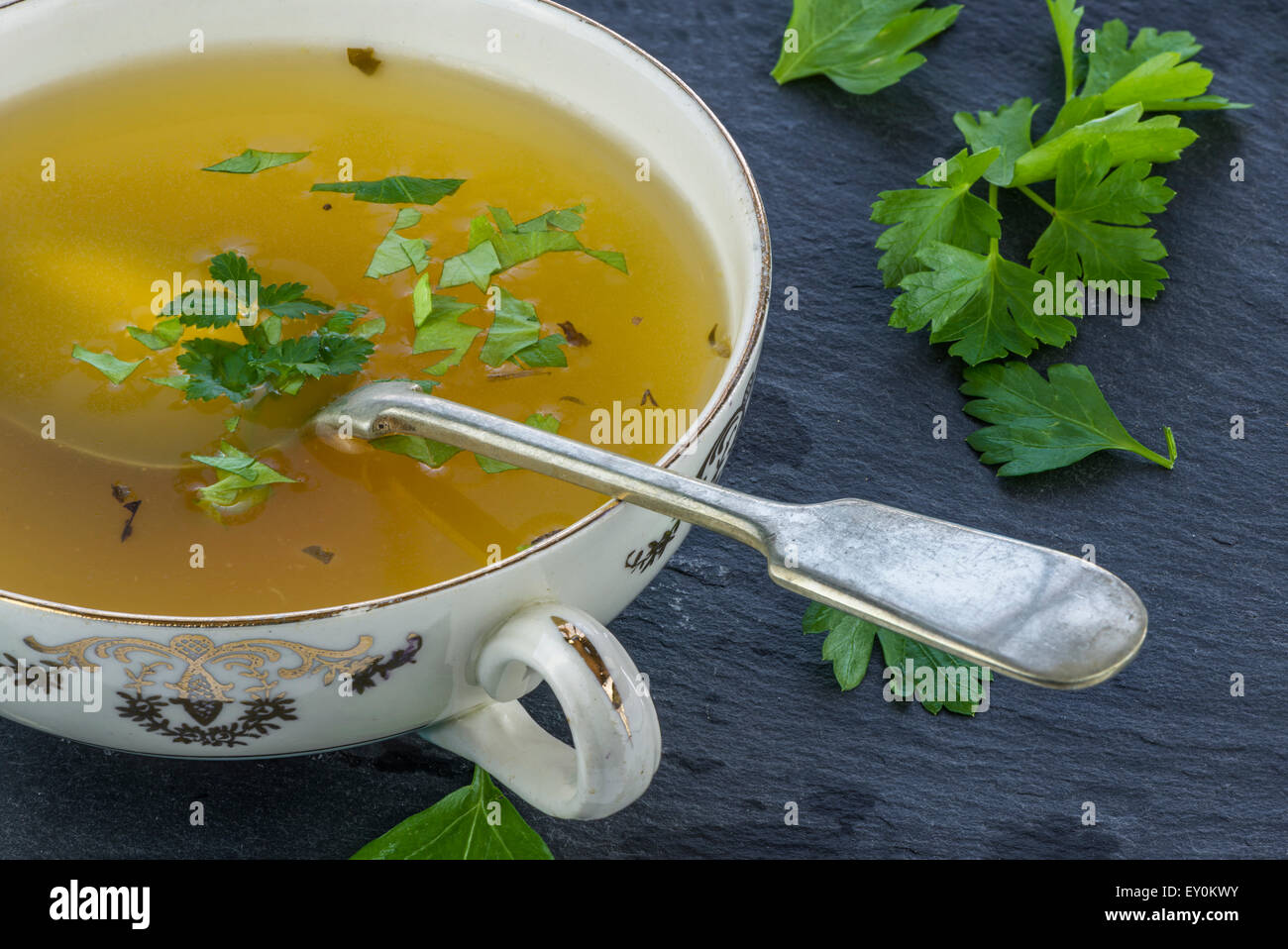 Clear chicken soup with noodles Stock Photo Alamy