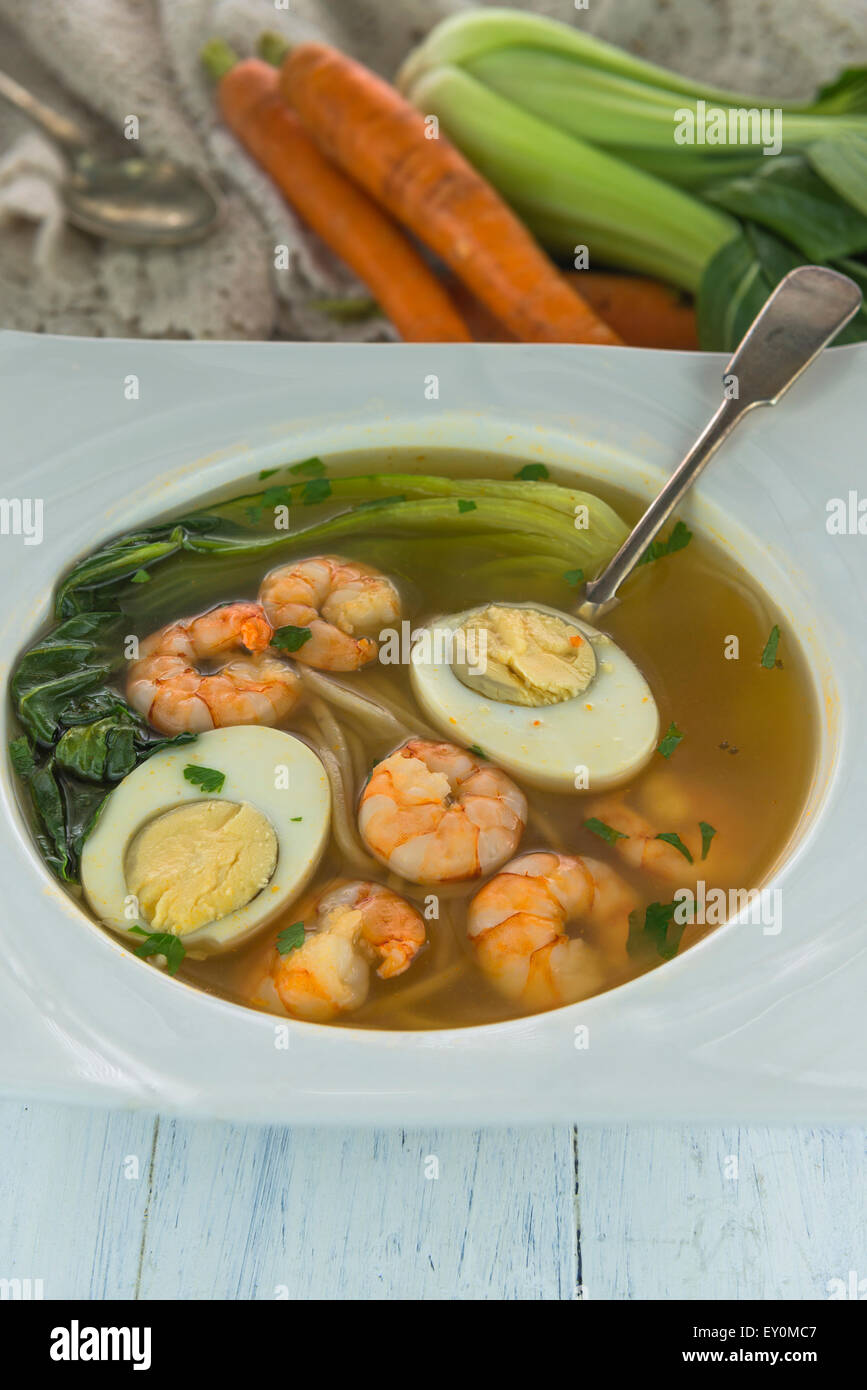 Noodle soup with egg, prawn and pak choi Stock Photo Alamy