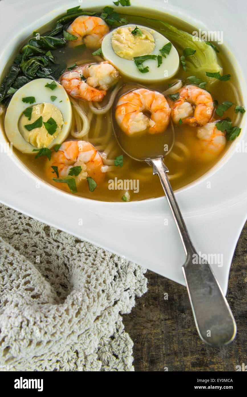Noodle soup with egg, prawn and pak choi Stock Photo Alamy