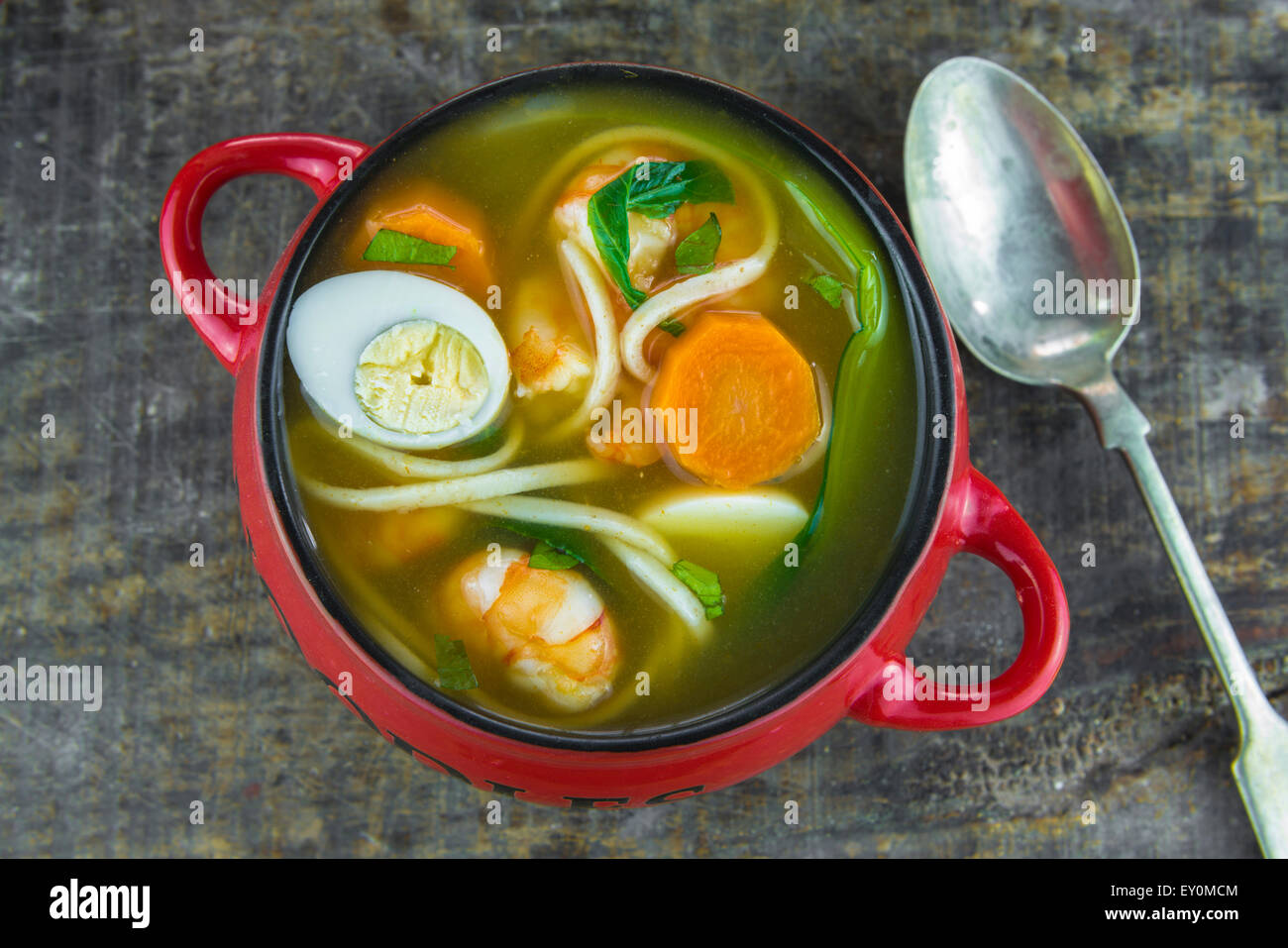 Noodle soup with egg, prawn and pak choi Stock Photo Alamy