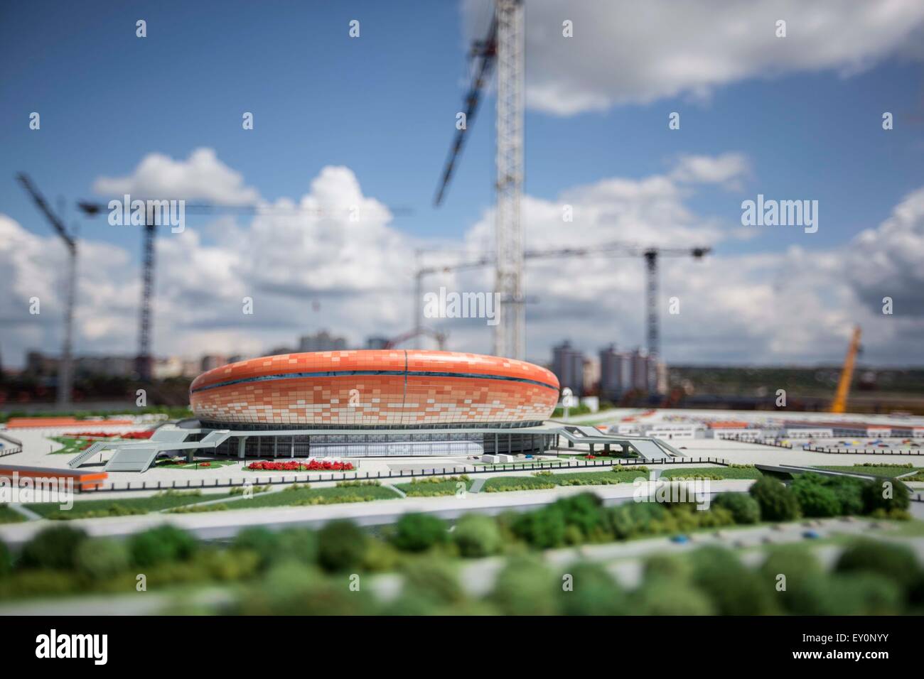 Beijing, China. 17th July, 2015. Photo taken on July 17, 2015 shows the model seen at the construction site of the Mordovia Arena in Saransk, Russia. Russia will host the FIFA World Cup soccer tournament in 2018. © Li Ming/Xinhua/Alamy Live News Stock Photo