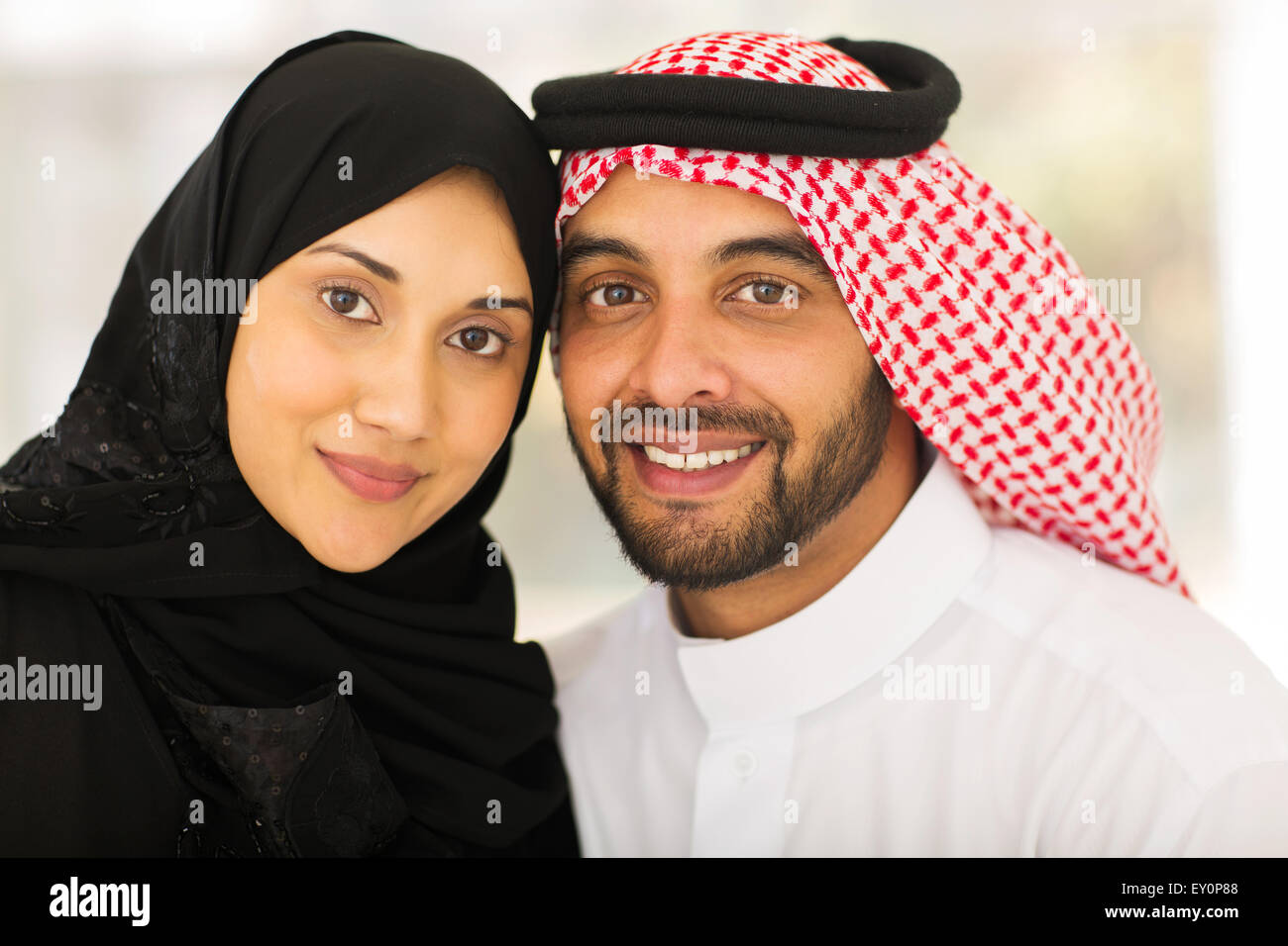 cute young Muslim couple closeup portrait Stock Photo