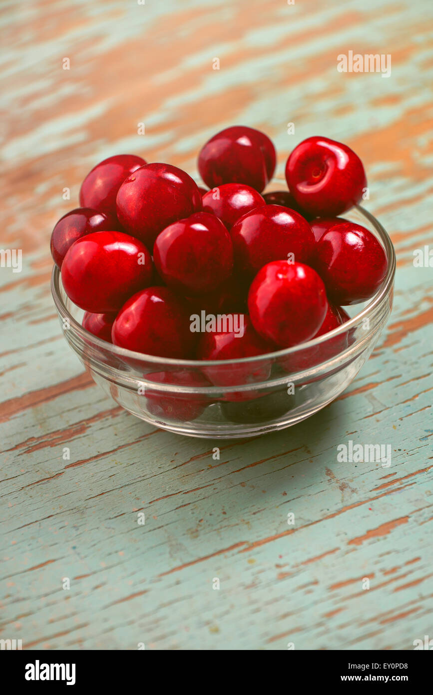 Cherry Bowl on Rustic Table, Ripe Fresh Sweet Berry Fruit Stock Photo