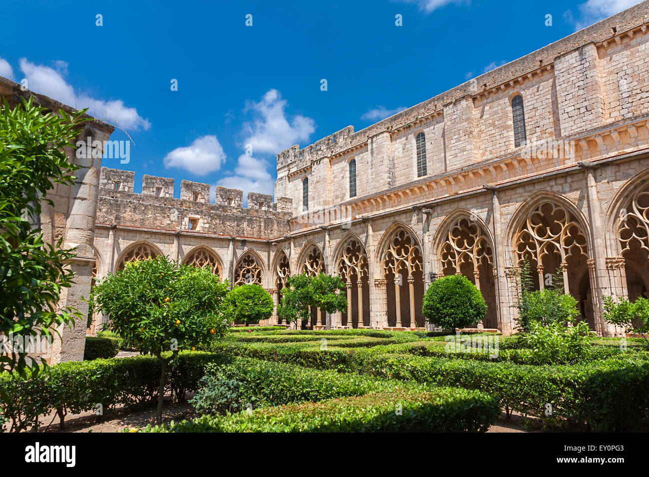 view of the cloister of Monastery of Santa Maria de Santes Creus, Catalonia Stock Photo