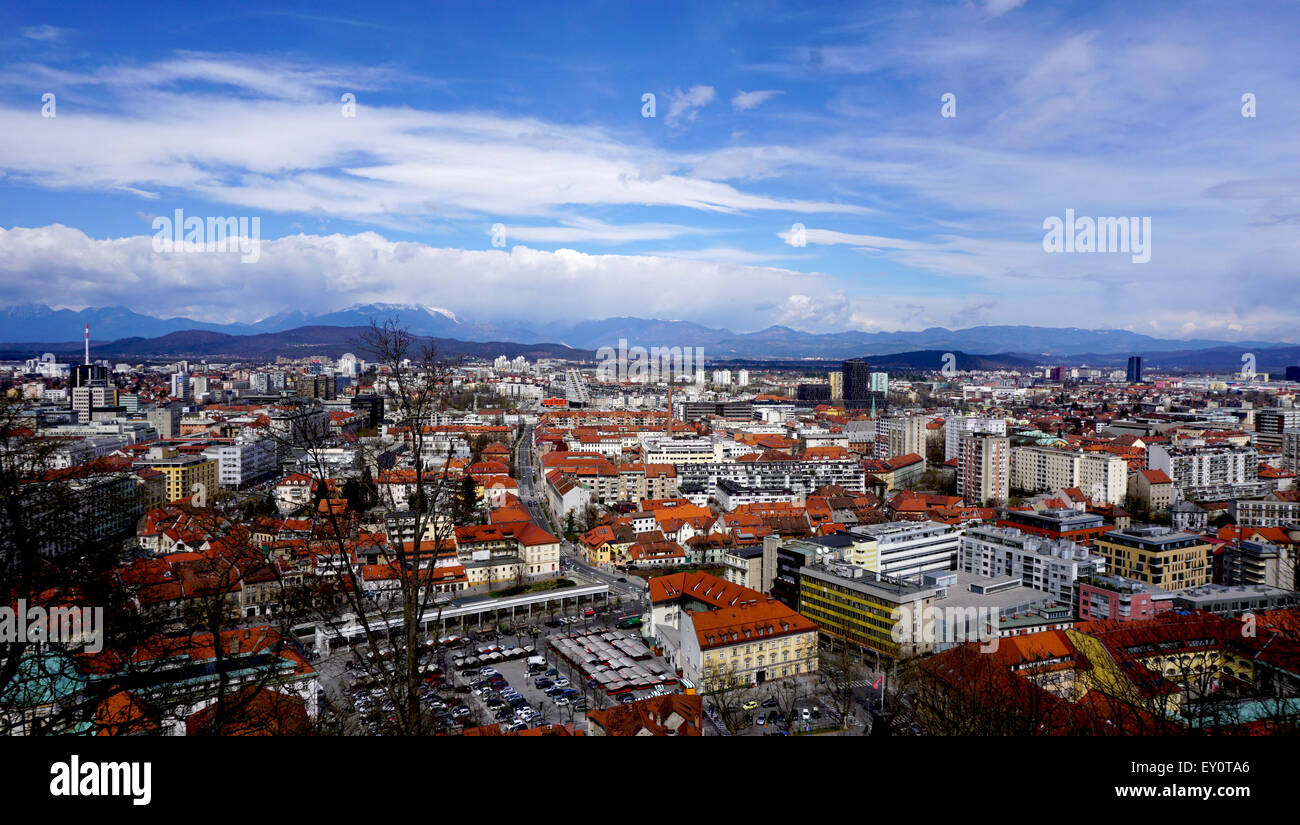 Bird eye view of Ljubljana old town city from castle in Slovenia Stock Photo