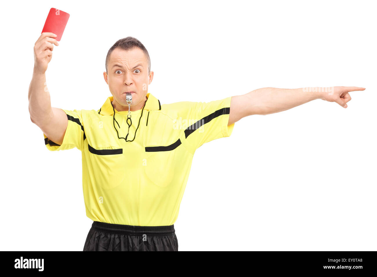 Angry football referee showing a red card and pointing with his hand isolated on white background Stock Photo