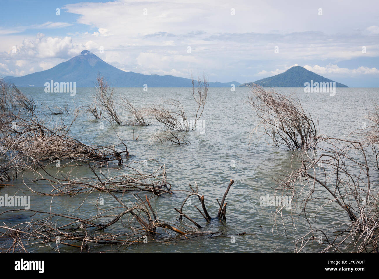 Momotombo and Momotombito volcanoes from Lake Managua, Nicaragua Stock Photo