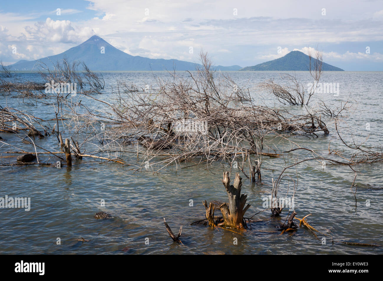 Momotombo and Momotombito volcanoes from Lake Managua, Nicaragua Stock Photo