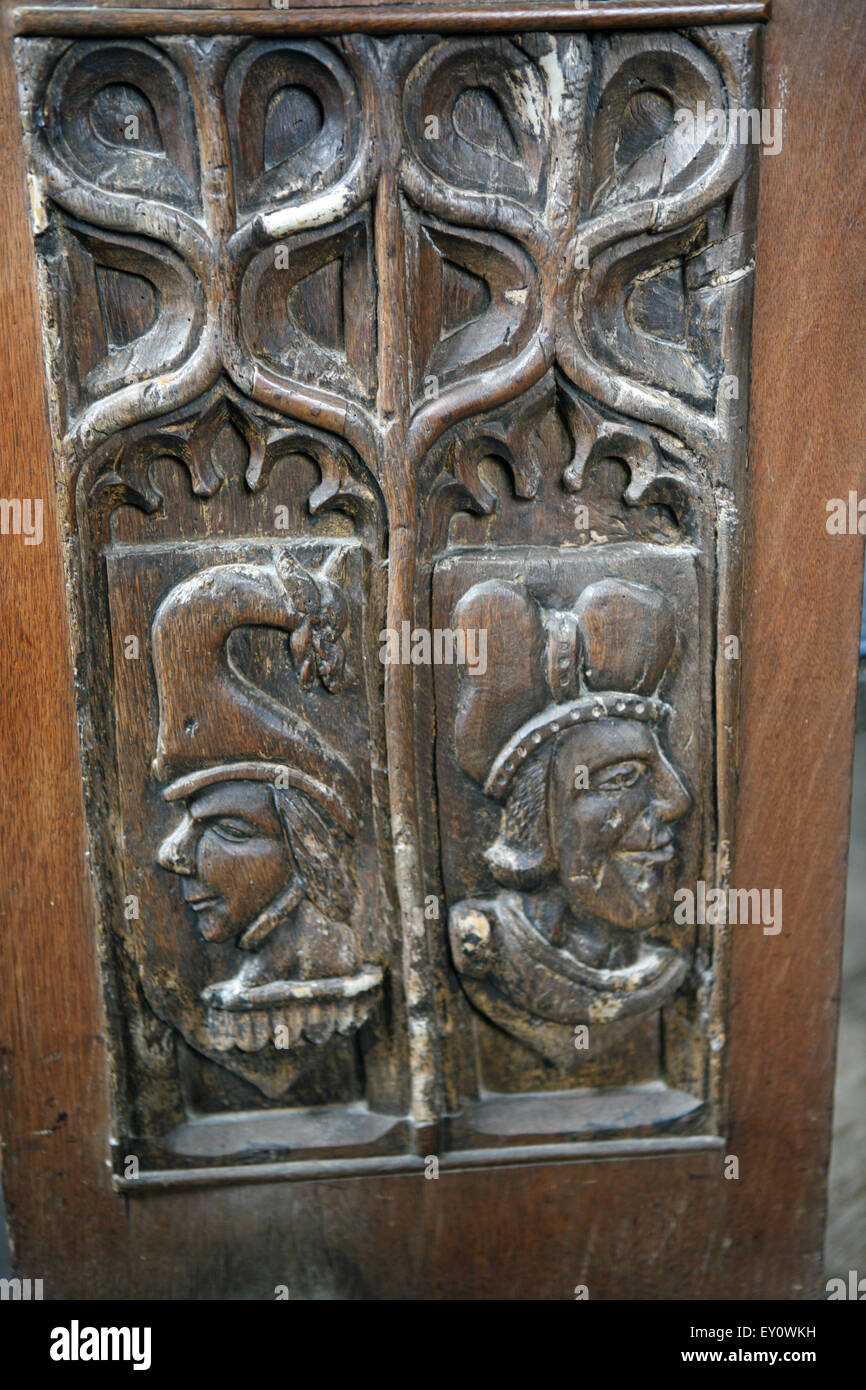 Medieval pew end carving St Levan church Cornwall England Stock Photo