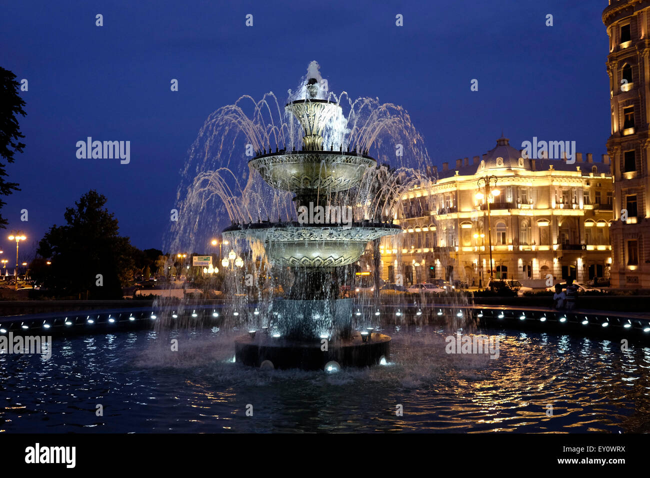 Illuminated water fountain in Fountain Square Sahil Park in the city of Baku capital of Azerbaijan Stock Photo