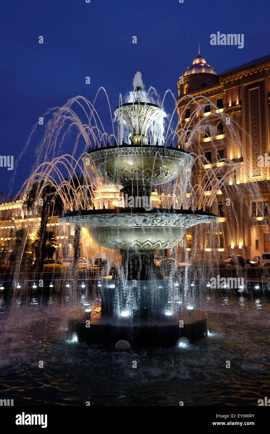 Illuminated water fountain in Fountain Square Sahil Park in the city of Baku capital of Azerbaijan Stock Photo