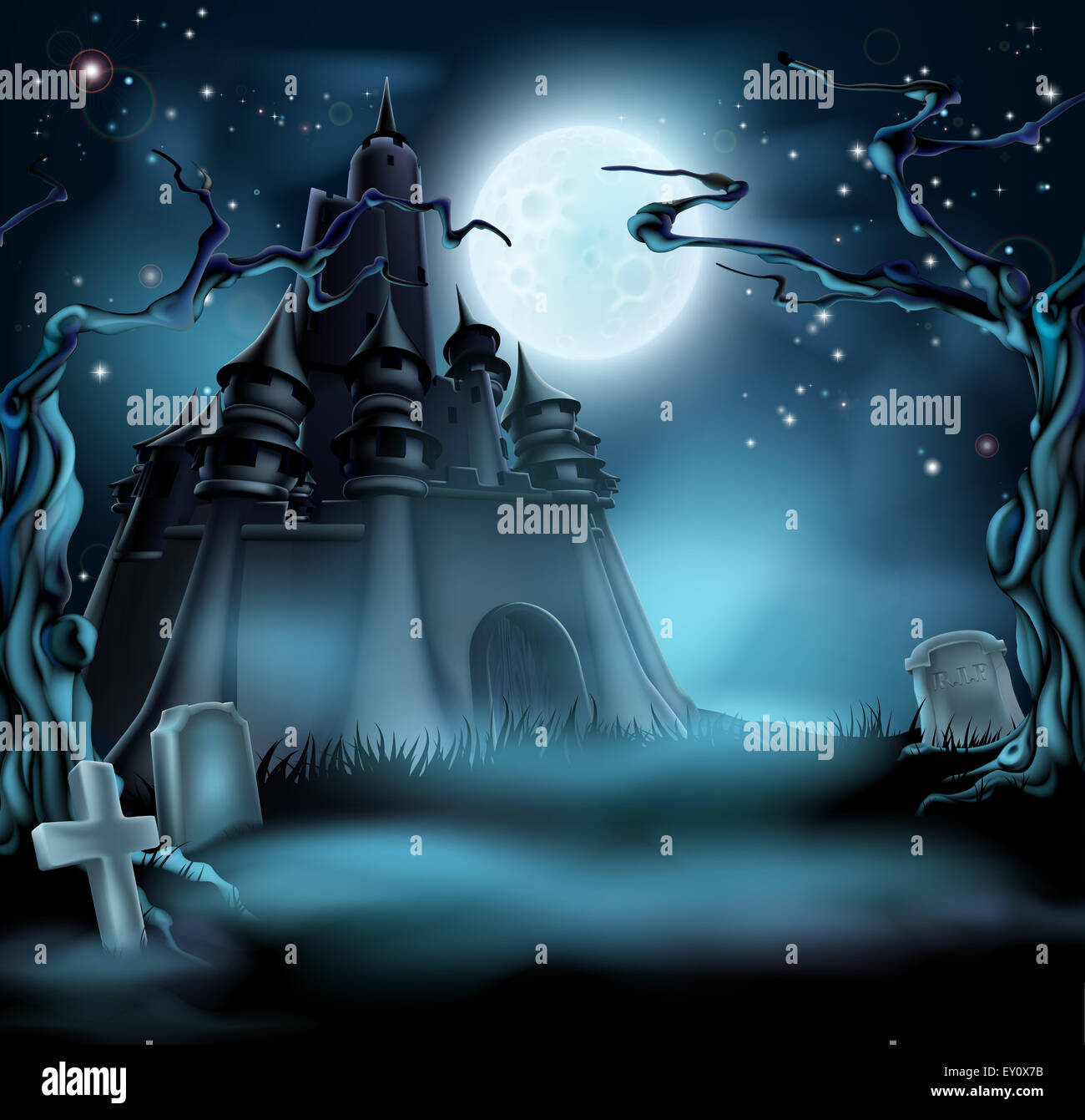 Halloween castle grave yard background with a spooky haunted castle,  trees and graves and a full moon Stock Photo