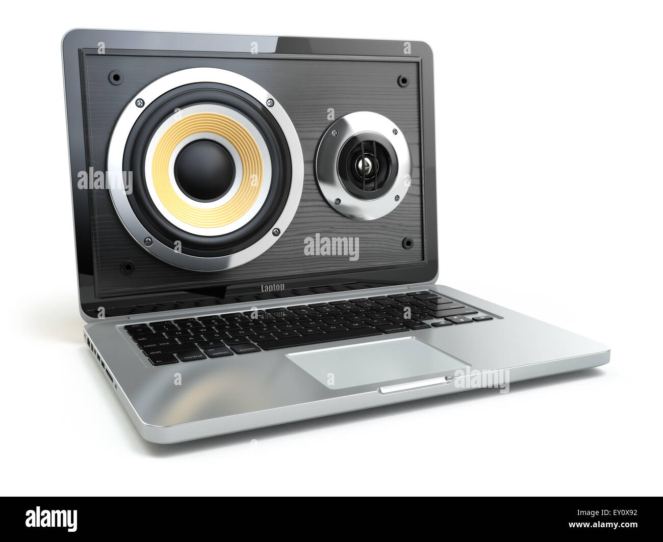 Digital audio or music software concept. Laptop and loudspeaker. 3d Stock Photo