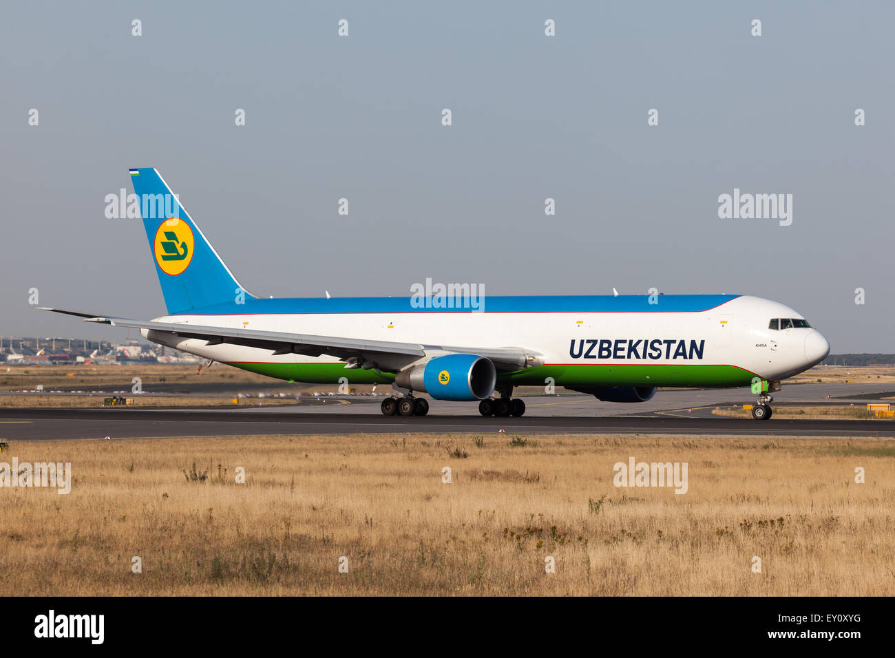 Boeing 767-300 of the Uzbekistan Airways ready for take off at the Frankfurt International Airport Stock Photo