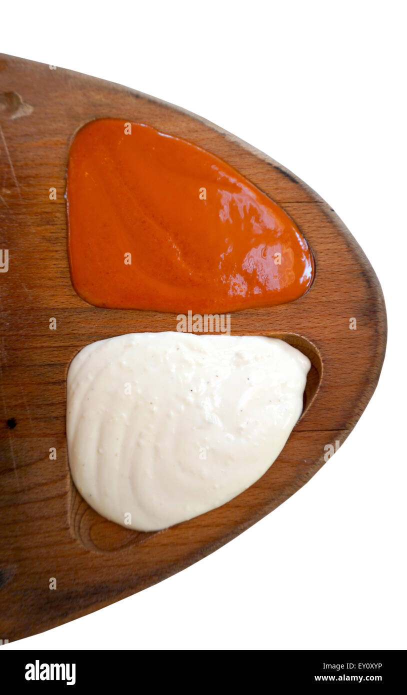 sauces in wooden tray Stock Photo