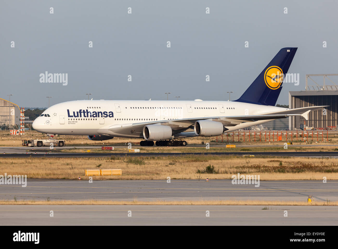 Airbus A380-800 of the Lufthansa Airline at the Frankfurt International Airport Stock Photo