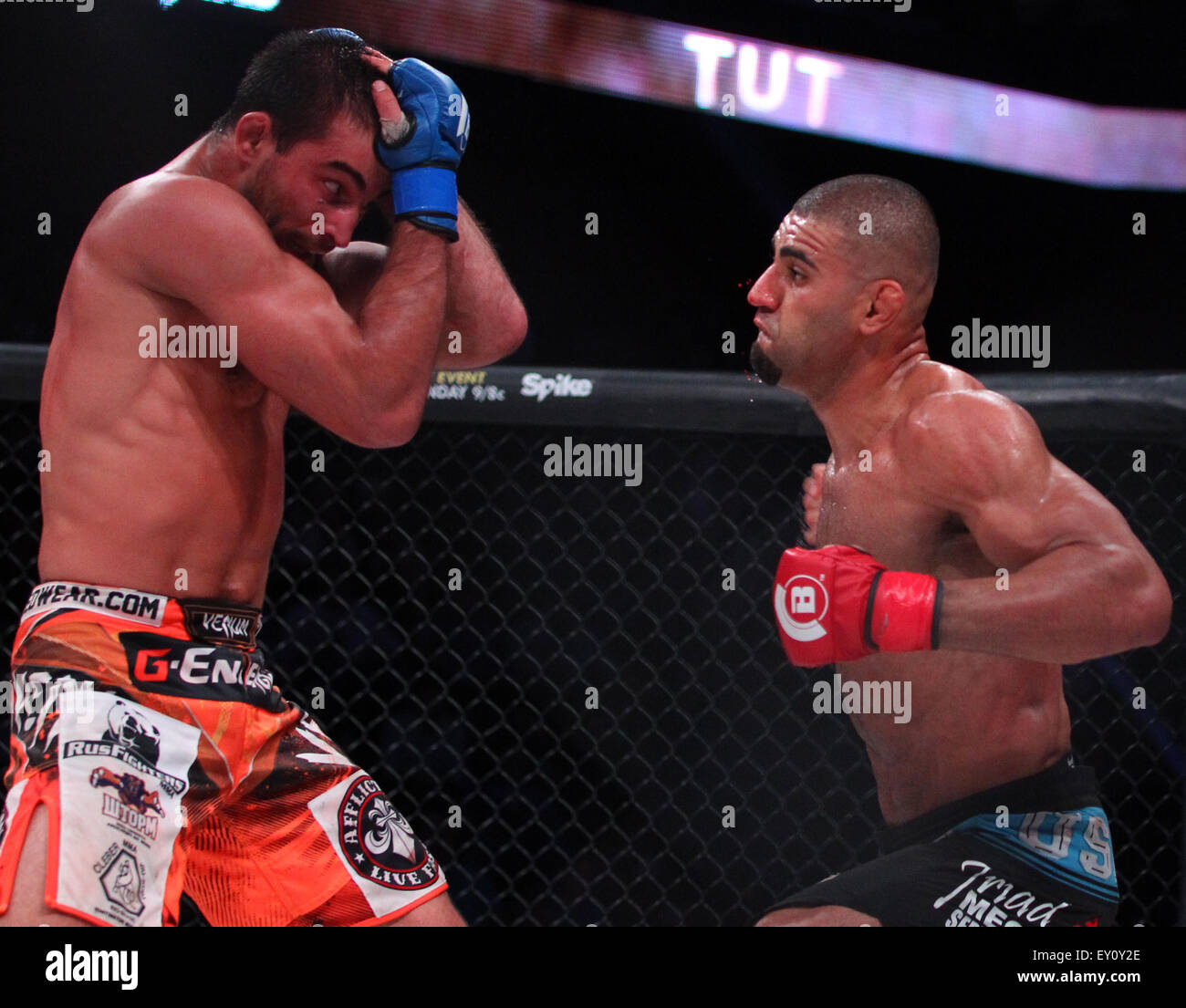 July 17, 2015; Uncasville, CT, USA; Douglas Lima (red tape) and Andrey Koreshkov (blue tape) in action during Bellator 140 welterweight title bout at Mohegan Sun Arena. Koreshkov wins the title defeating Lima by unanimous. Anthony Nesmith/Cal Sport Media Stock Photo