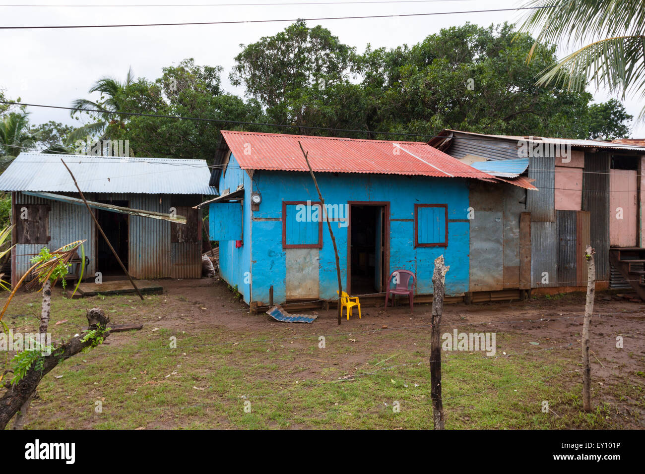 Big Corn Island tin and wooden shack style houses, Nicaragua Stock Photo