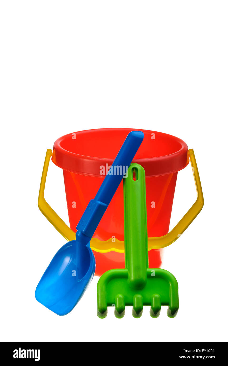 Colourful plastic children's beach toys. Stock Photo