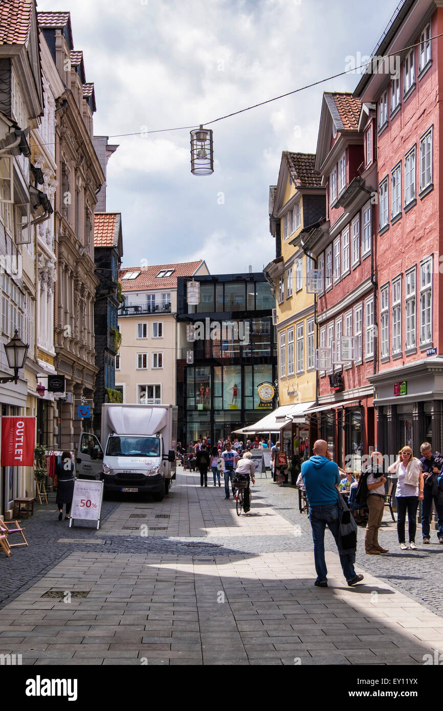 Braunschweig, Brunswick, Germany. Altstadt, Shoppers in Old town center, shops and traditional