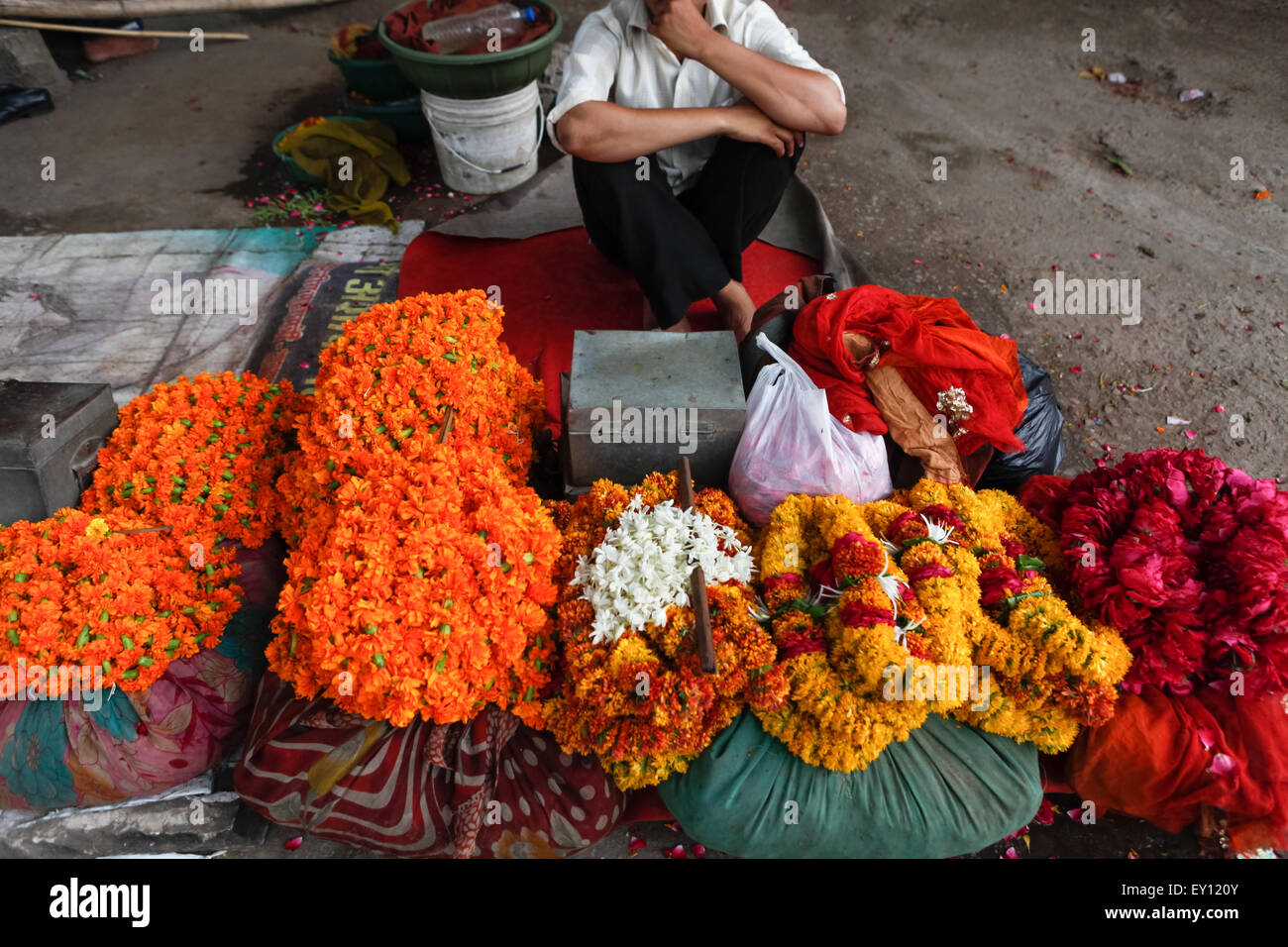 Flowers on sale for religious or decoration purposes are photographed at a roadside vendor in Jaipur, Rajasthan, India. Stock Photo
