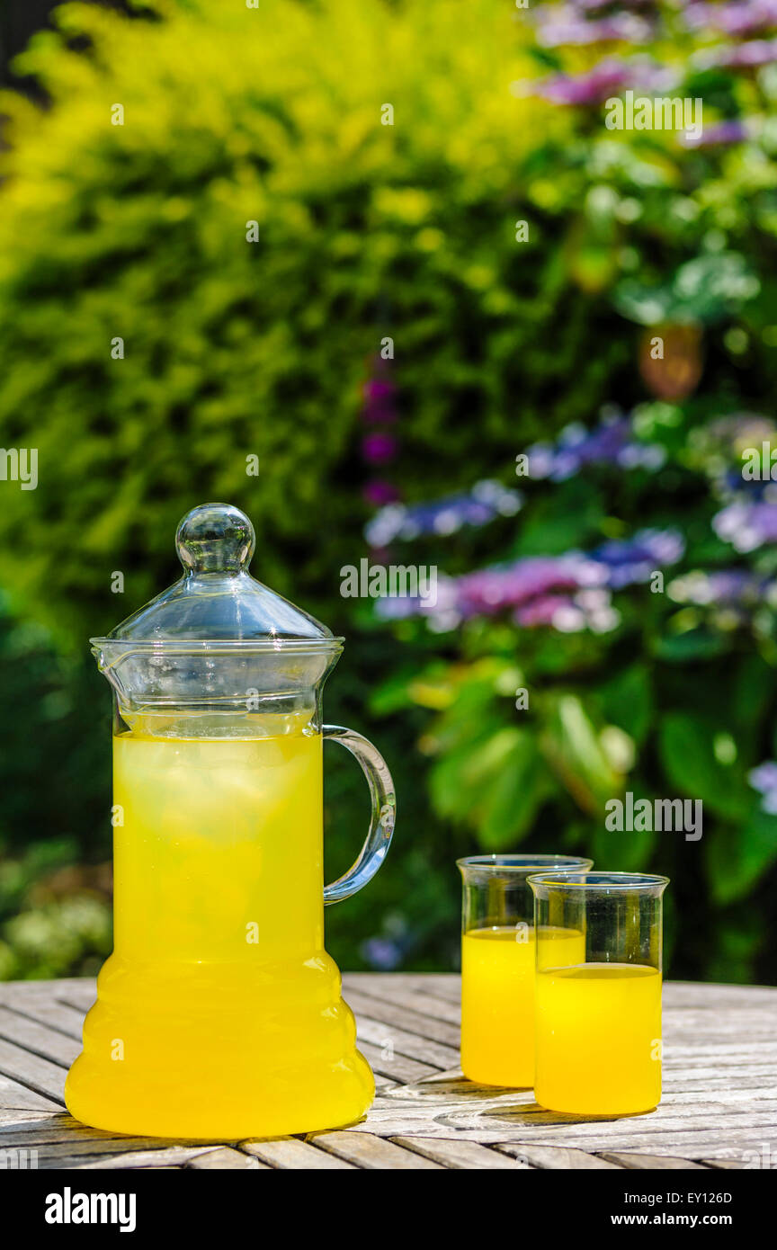Jug of chilled orange juice and two glasses Stock Photo Alamy