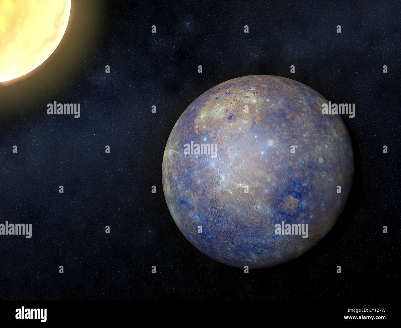 Illustration of sun rising over Mercury planet Stock Photo