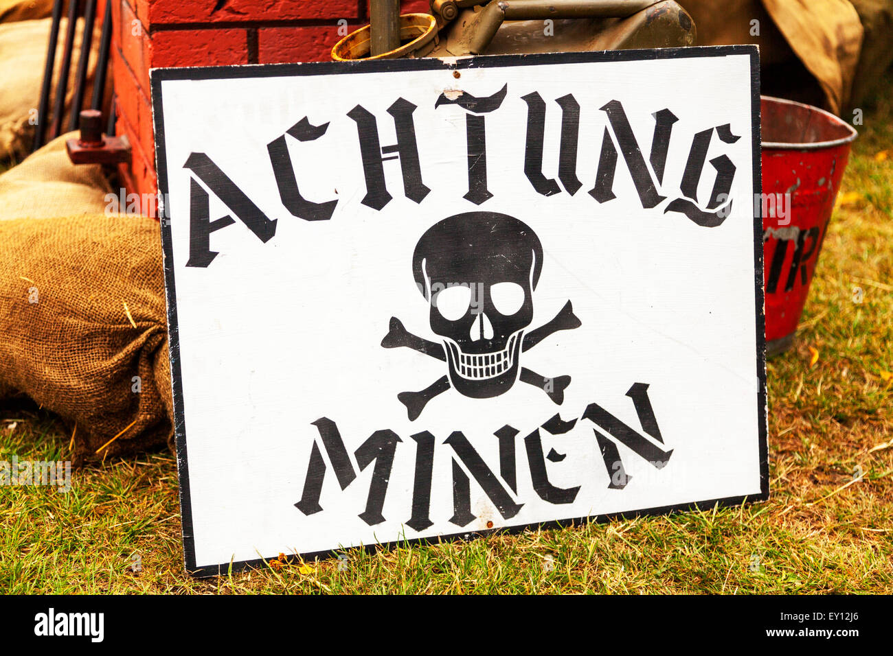Danger mine field landmines landmine sign achtung minen german mines warning war wartime attention Stock Photo
