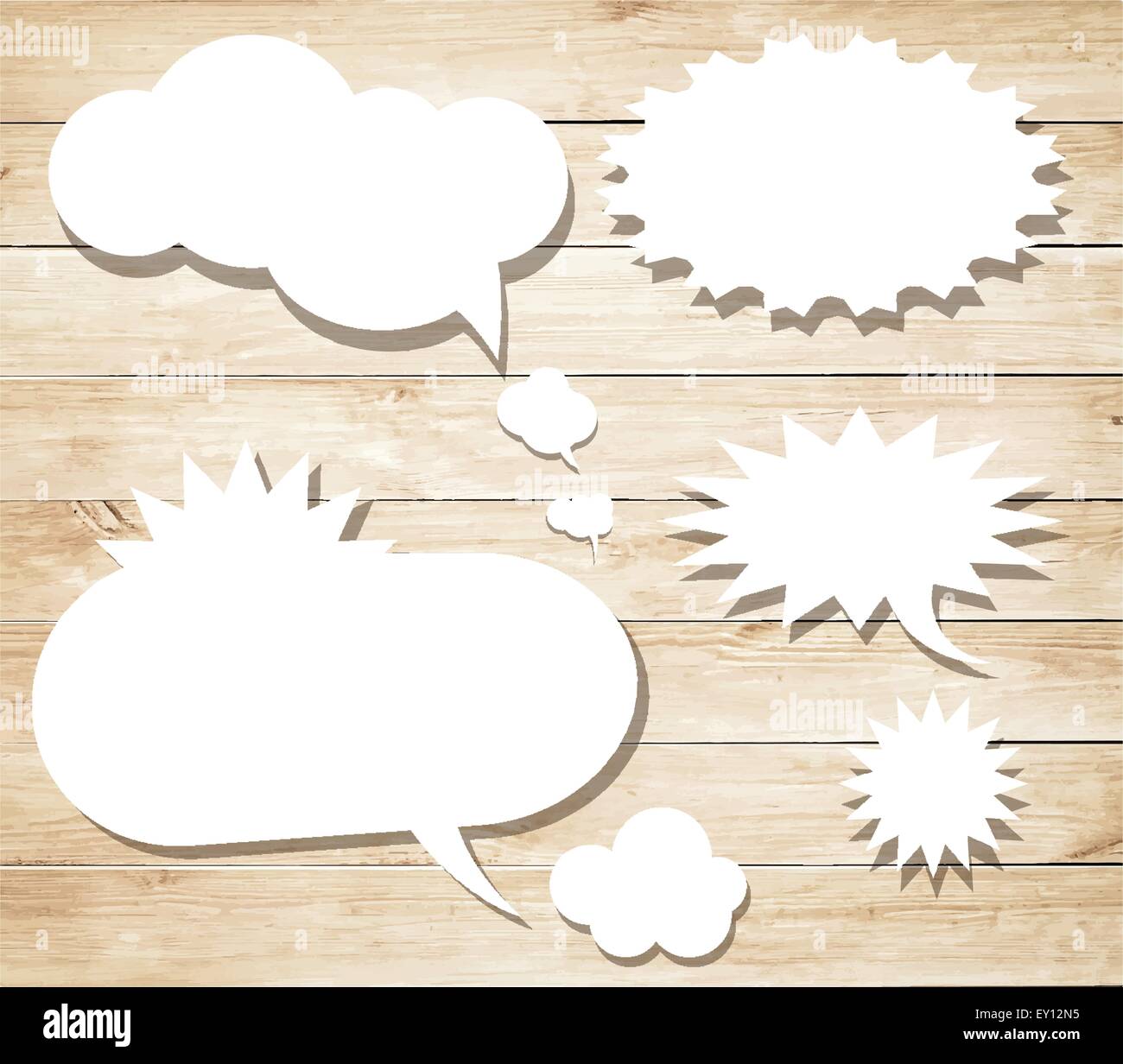 White vector speech bubbles with shadow like clouds on brown wooden ...