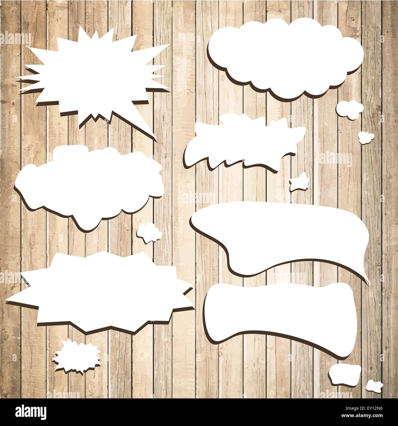 White vector speech bubbles with shadow like clouds on brown wooden ...