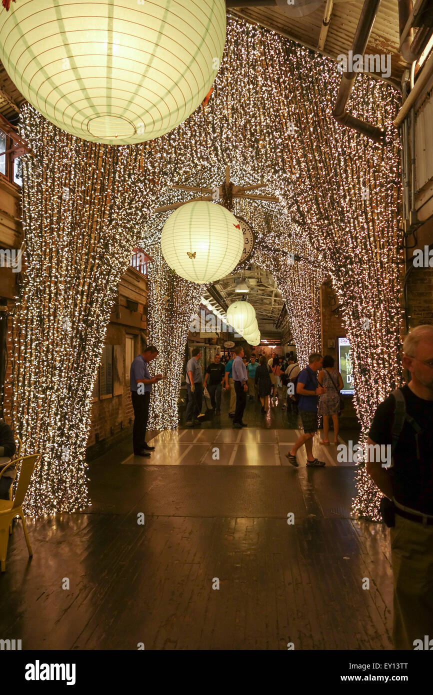 Interior of Chelsea Market covered urban food court, shopping mall, New