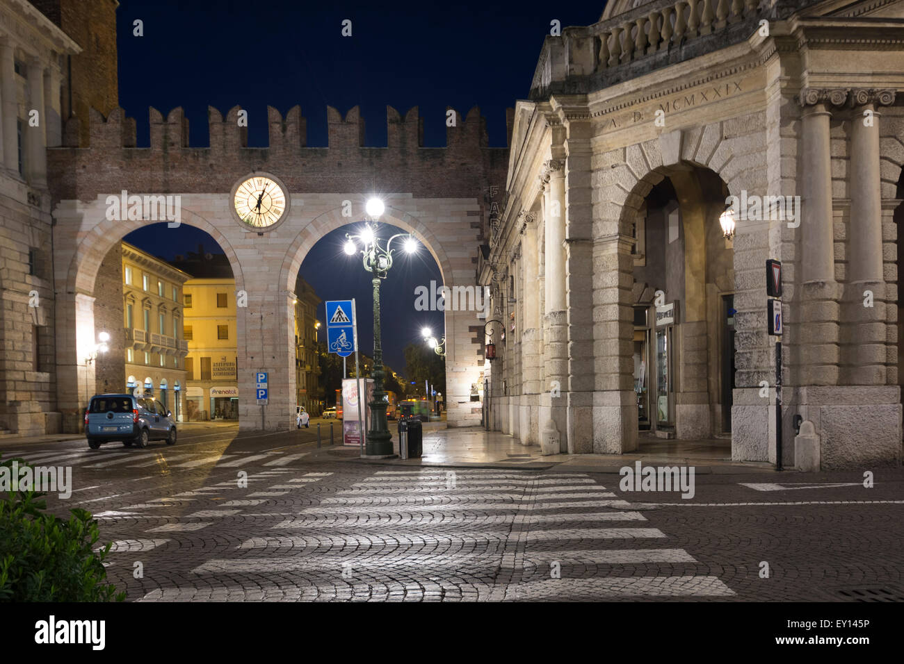Before Dawn in a deserted Piazza Bra in Verona, Italy Stock Photo