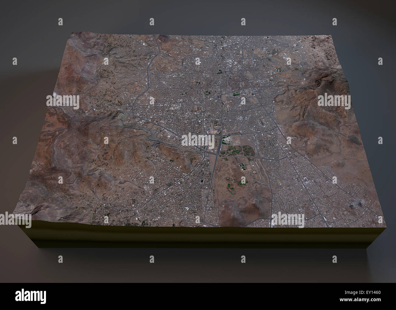 Sana'a streets and buildings map satellite view on black, Yemen Stock ...