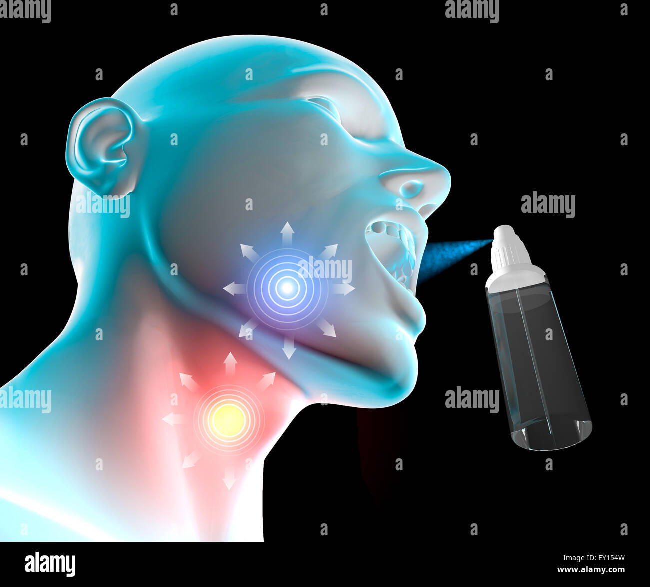 3d Sore throat inflammation, pain, spray atomizer Stock Photo