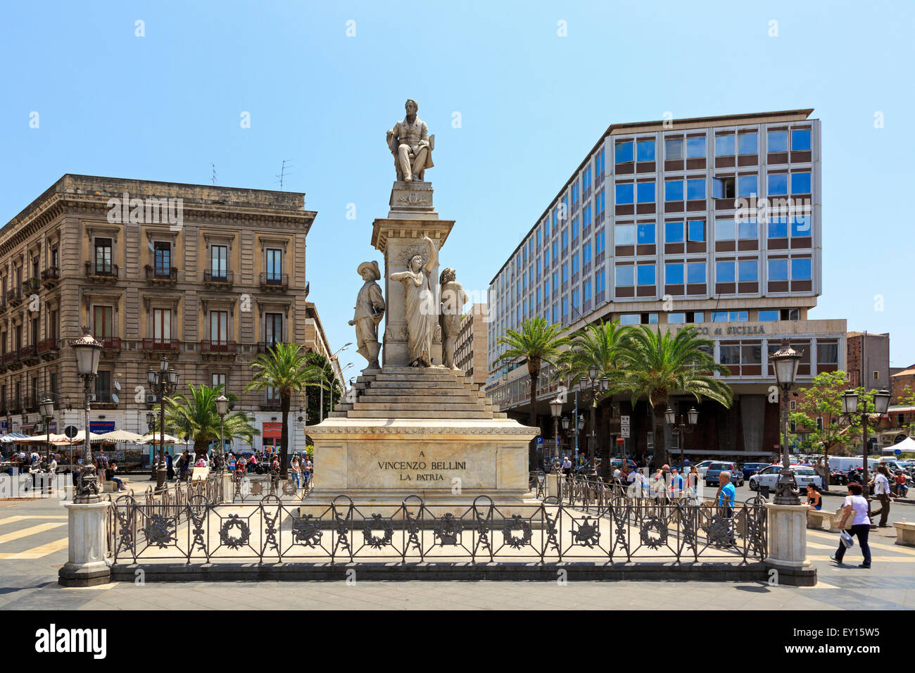 Piazza Stesicoro, Catania, Sicily with the statue of the 18th century opera composer Vincenzo Bellini who was born and is buried Stock Photo