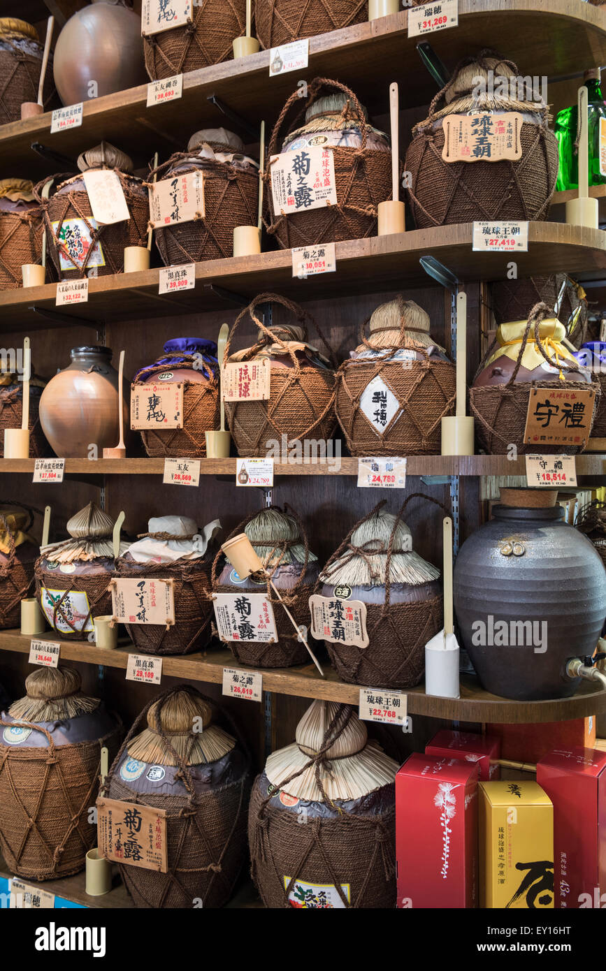 Jugs of Sake on Display in Souvenir Liquor Store on Kokusaidori in