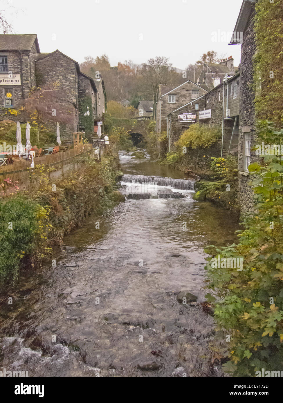 The river Rothay flows through the town of Ambleside in the Lake district. UK Stock Photo
