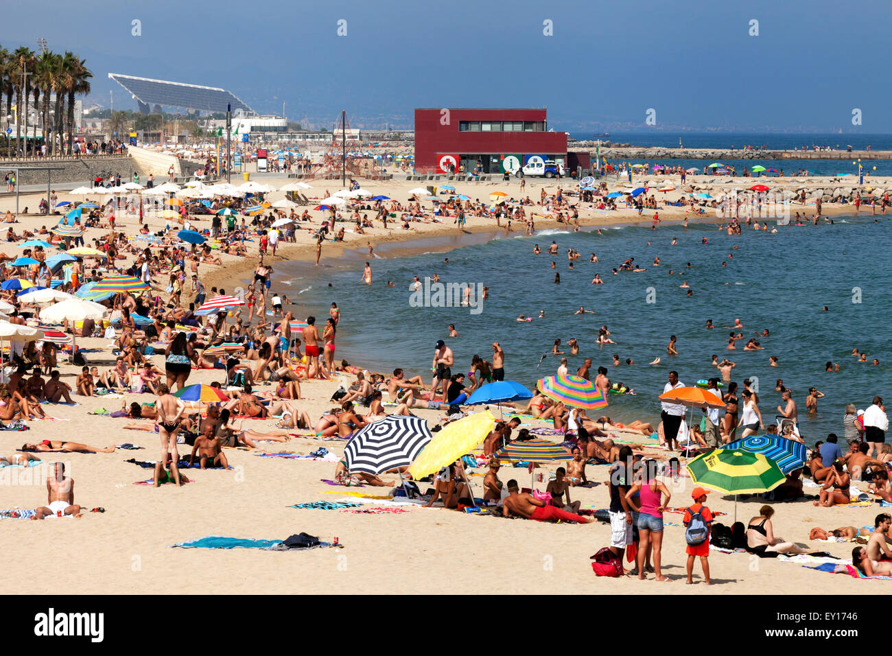 Platja Nova Icaria beach crowded with local people and tourists, Port Olimpic, Barcelona, Spain Europe Stock Photo