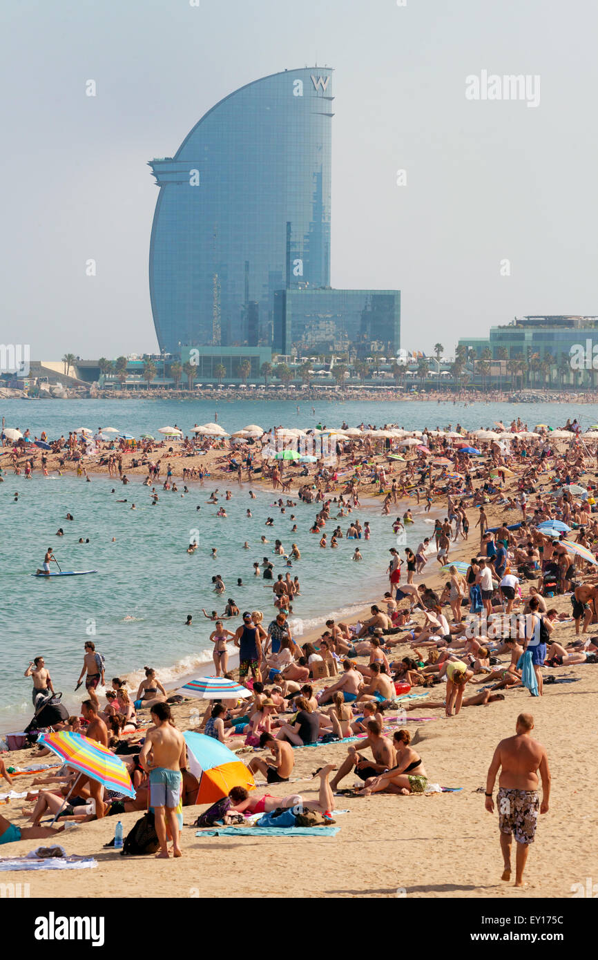 Tourists On Barceloneta Beach Barcelona Spain Europe Stock Photo Alamy
