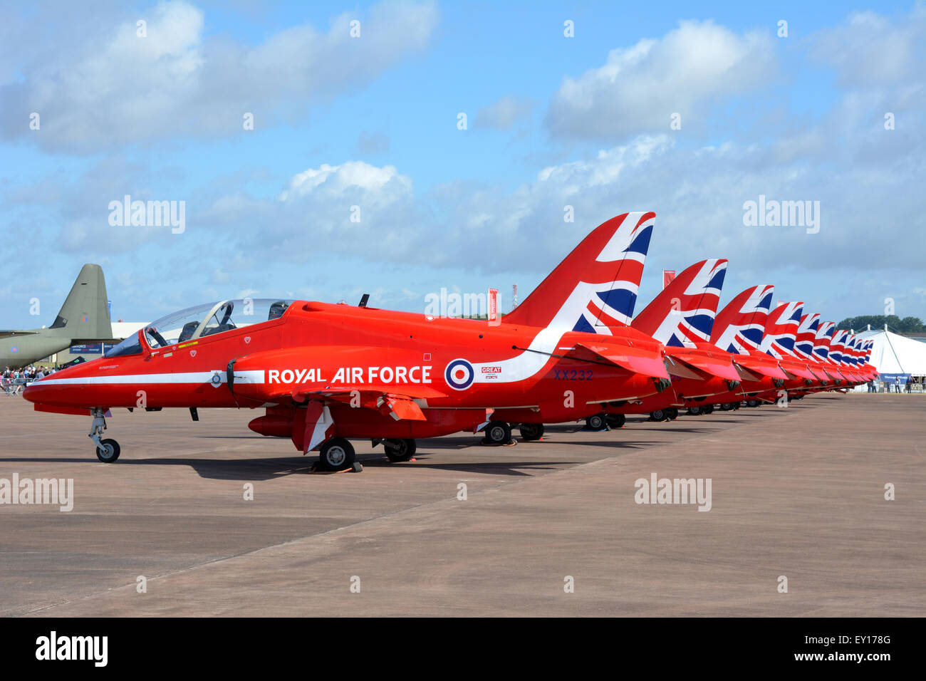 Red Arrows lined up on the runway Stock Photo