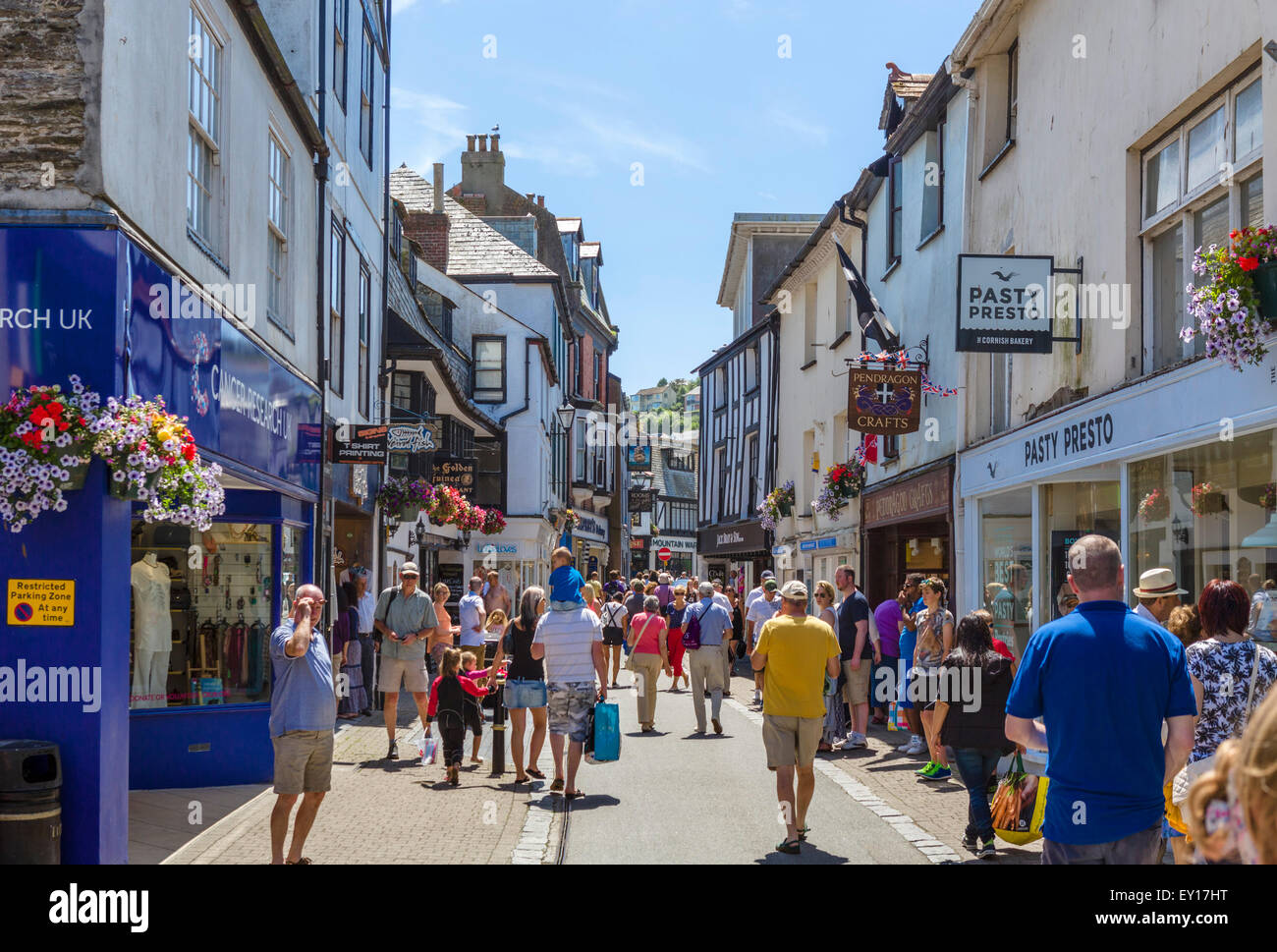 Shops on Fore Street in the town centre, East Looe, Cornwall, England, UK Stock Photo