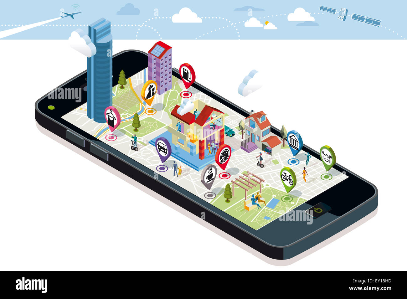 Smart phone. On it screen a vector map of the city with some builddings ...